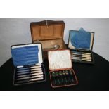 SILVER & EPNS - a small collection of epns cutlery in a carved wooden box,