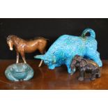 ANIMAL FIGURINES - a ceramic Bitossi style Dutch Bull in green blue (a/f), a Beswick horse (a/f),