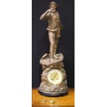 SPELTER CLOCK - a spelter statement clock featuring a gentleman holding up binoculars.