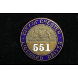 CITY OF CHESTER BADGE - a City of Chester Licensed Driver enamel badge number 551.