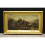 OIL PAINTING - a gilt framed oil on canvas featuring a country scene with cottage and young woman.