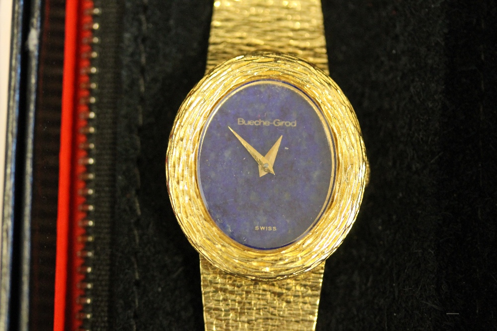 BUECHE-GIROD WATCH - an 18ct gold ladies watch on an 18ct gold bracelet with Lapis Lazuli dial. - Image 2 of 3