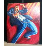 REGINALD SINGH - a caricature oil painting of Elvis Presley performing on stage by artist Reginald