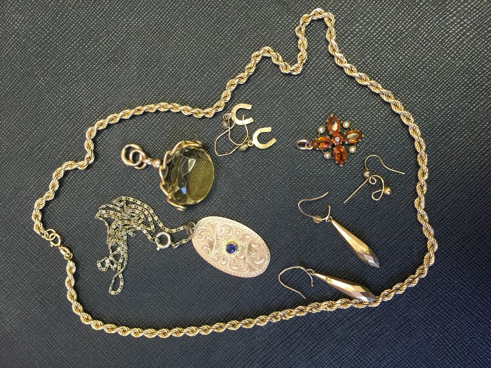 GOLD - a selection of gold items to include a Victorian citrine gold swivel fob,