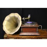 GRAMOPHONE - a vintage gramophone with brass horn and HMV sound box. Missing connecting arm.