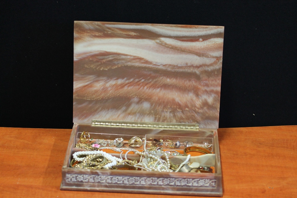 COSTUME JEWELLERY - a marble effect incolay stone jewellery box with peacock decoration filled with