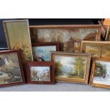 OILS & PRINTS - 8 paintings and prints to include landscape scenes in oil, a Garber copy in oil,