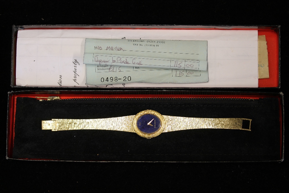 BUECHE-GIROD WATCH - an 18ct gold ladies watch on an 18ct gold bracelet with Lapis Lazuli dial.