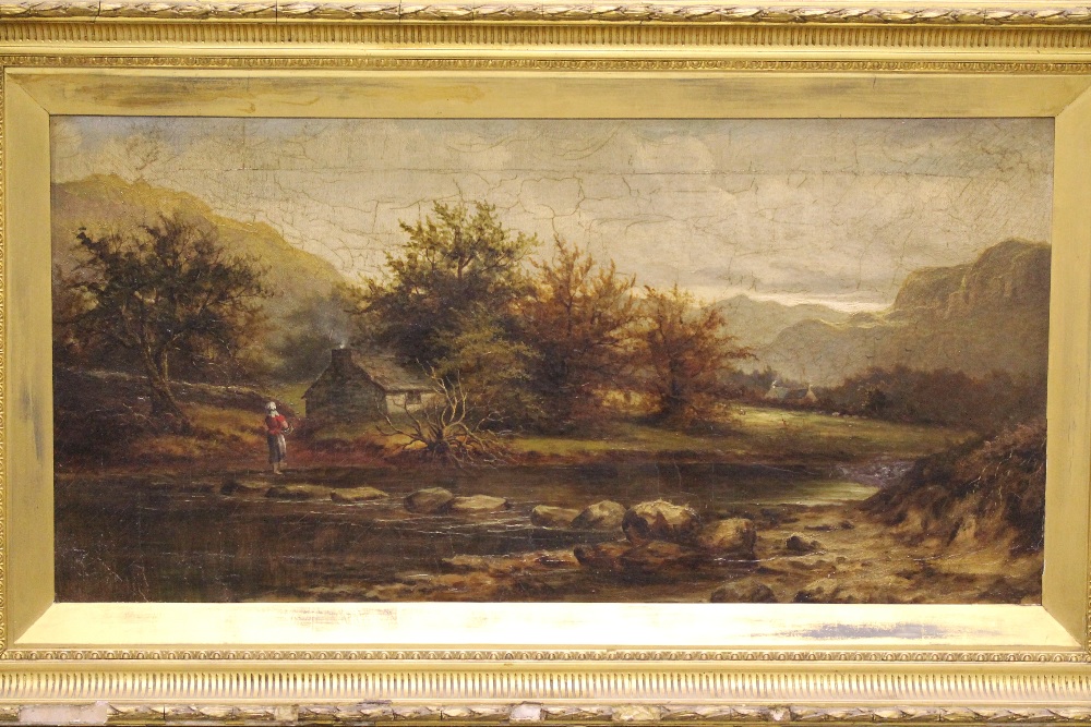 OIL PAINTING - a gilt framed oil on canvas featuring a country scene with cottage and young woman. - Bild 2 aus 2