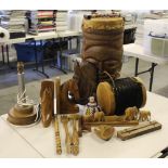 WOODEN TRIBAL ITEMS - a collection of wooden items to include 2 tribal style drums,