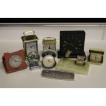 CLOCKS - 2 carriage clocks, a slate mantlepiece clock, 3 portable travel clocks,