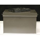METAL BOX - a large metal deed box along with a vintage 3 space cash register insert.