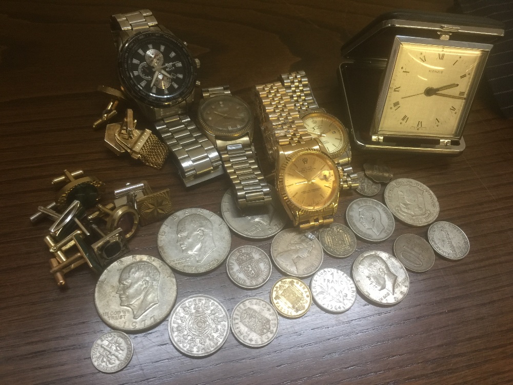 WATCHES, COINS & CUFFLINKS - mixed lot to include a replica Rolex (ticks and adjusts),