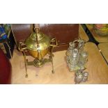 2 x Silver plated cruets and brass kettle on stand with spirit burner