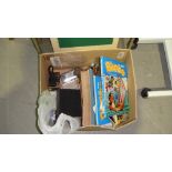 Box of oddments including gold leaf, plated ware, childrens annuals etc.