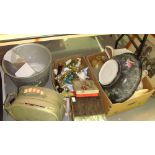 3 x Boxes of china glass, wet suits, picnic set,