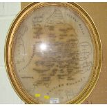 18th century silkwork sampler map of England and Wales by Mary Blain 1793 in oval gilt frame 42 cms