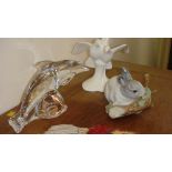 Lladro Rabbit, Galway glass dolphin ornament,