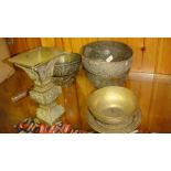 Antique Chinese brass vase, 2 x offering bowls, 1 x Chinese brass offering bowl with wooden handle,