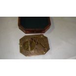 Vintage style brass sundial compass in wooden box