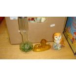 Box of assorted decorative china glass and oddments including Beswick Owl, pressed glass lion,