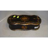 Victorian papier mache pen box of serpentine form with mother of pearl inlay and gilded decoration