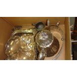 Box of silver plated ware inlcuding coffee pot, serving tureen etc.