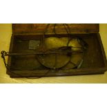 Pair of early 19th century brass and iron drug scales in wooden box & later box of weights