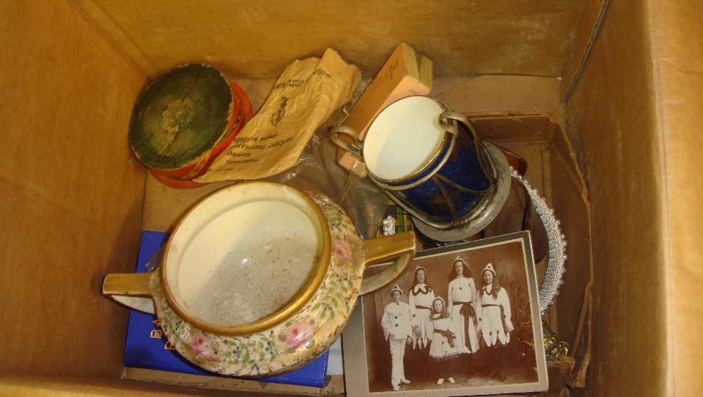 Box of oddments including vintage painted jar and cover, Art Deco matchbox holder (surface rust),