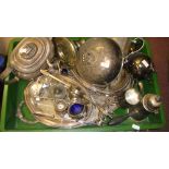 Box of silver plated ware inlcuding plate warmer, tureen etc.