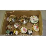 Assorted 20 th century enamel pill boxes including Halcyon Days and pair of silver plated lidded