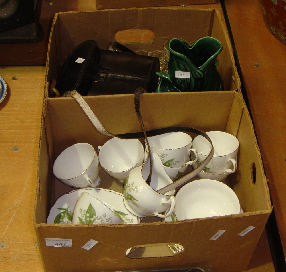 Royal Vale tea set, glug jugs, plated cutlery, binoculars, glassware etc.