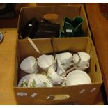 Royal Vale tea set, glug jugs, plated cutlery, binoculars, glassware etc.