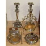 Pair of Sheffield plate candlesticks with acanthus decoration 31 cms x 13 cms, trinket box,