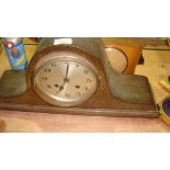 Vintage oak case mantle clock and two others & two bottles of beer