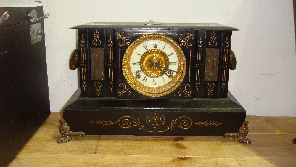 Early 20th century faux wood metal cased mantle clock