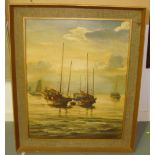 Mid 20th century oil on canvas Sailing Boats by H Cheng 59 cms x 74 cms in gilt wood frame