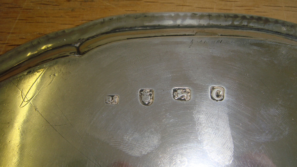 Solid silver salver of circular form with beaded edge on three ball and claw feet with armorial - Image 3 of 3