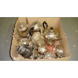 Box of vintage silver plated tea pots etc.