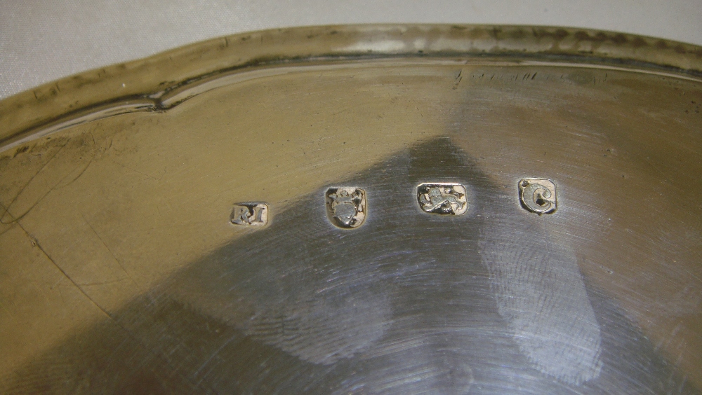 Solid silver salver of circular form with beaded edge on three ball and claw feet with armorial - Image 2 of 3