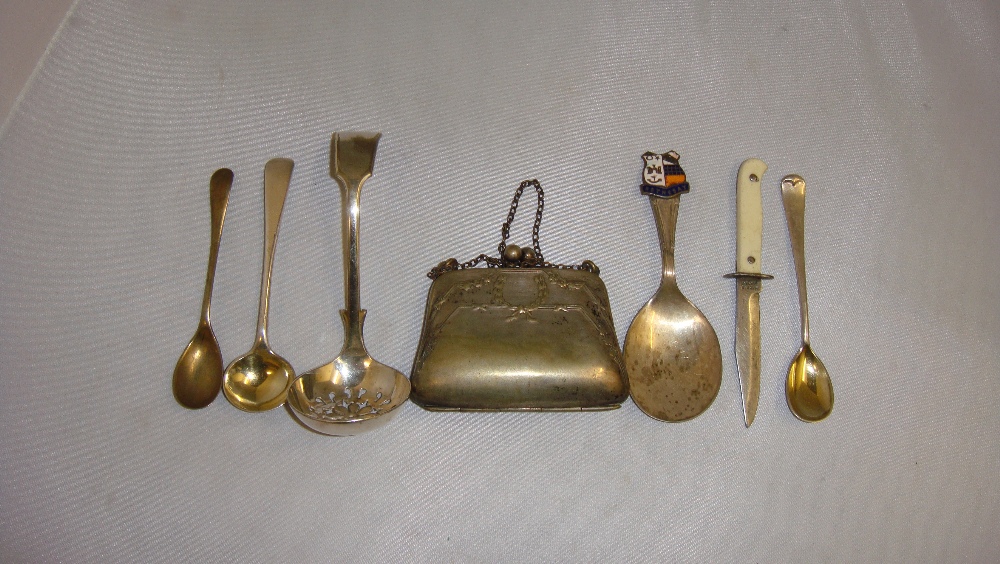 Assorted silver plated spoons and ladies coin purse