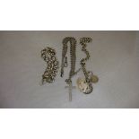 Antique silver watch chain with silver crucifix, unmarked silver open link bracelet,