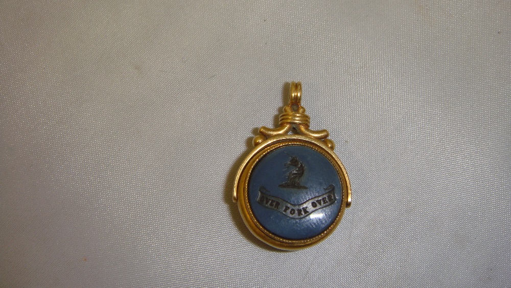 1 x 19th century family seal set in unmarked gold with family crest and motto Over Fork Over