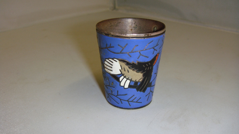 Early 20th century Russian enamel and silver metal cup decorated with stylised Robin bird