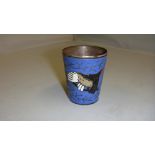 Early 20th century Russian enamel and silver metal cup decorated with stylised Robin bird