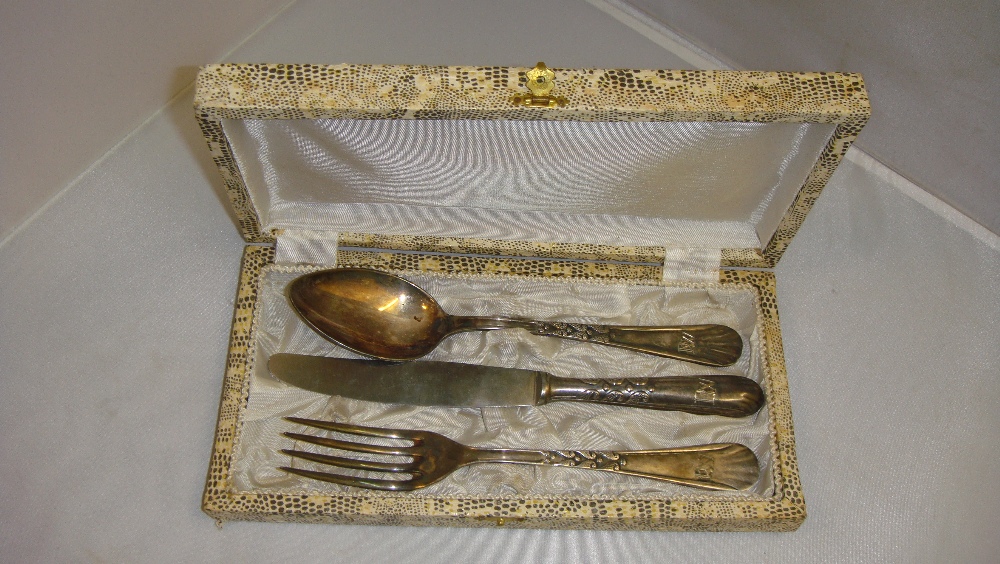 Early 20th century silver metal christening set stamped 40 over a cockerel