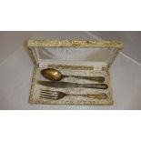 Early 20th century silver metal christening set stamped 40 over a cockerel