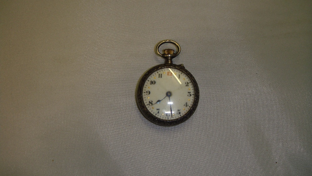 Late 19th / early 20th century ladies pocket with painted dial in chased and engraved silver case