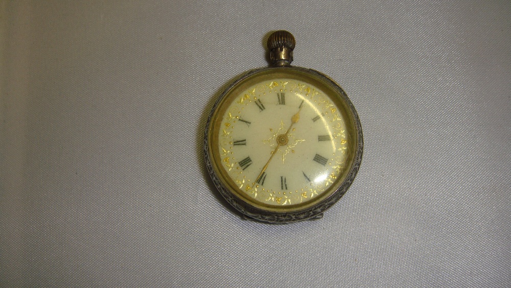 Late 19th century silver case ladies fob watch with painted dial and chased decoration