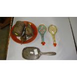 Silver plate metal back dressing table mirror stamped Alpacca, Chinese dish, lock & iron etc.